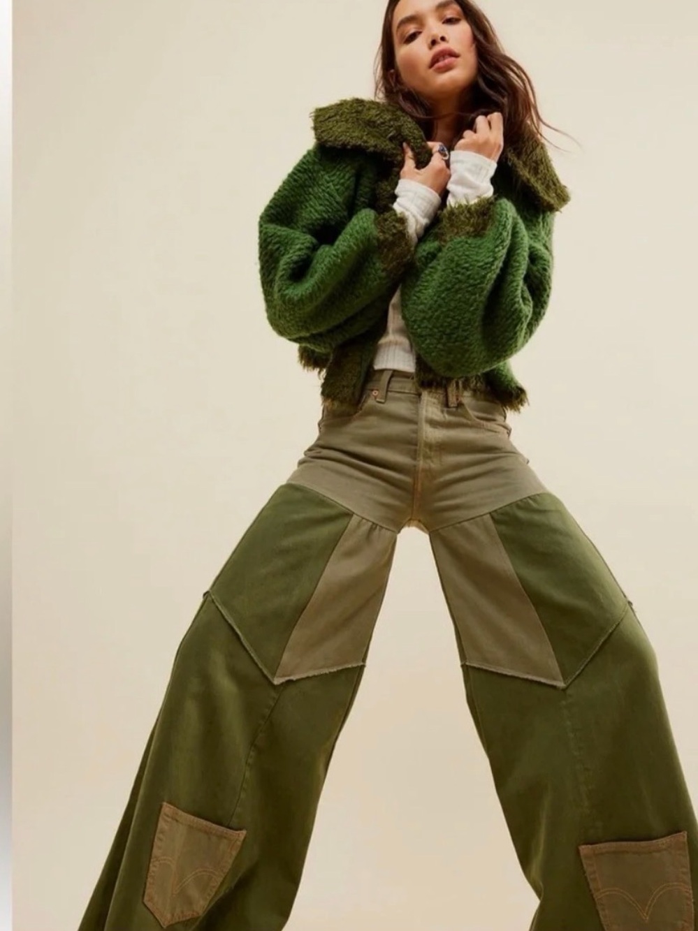 Free People Tricia Fix Reworked Denim Bell Jeans Patchwork Olive - Women